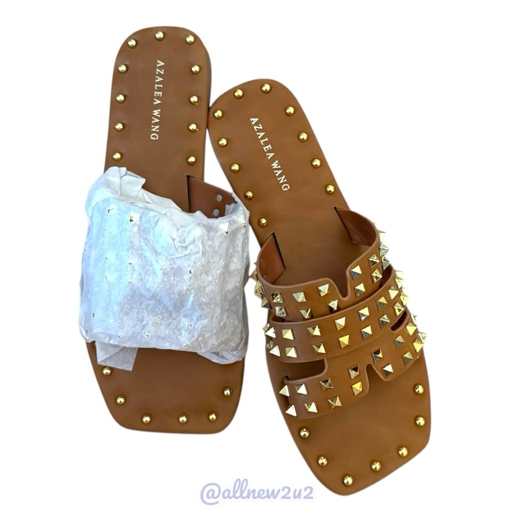 Azalea Wang Archer Gold Studded Sandals in Tan Size 7 - Picture 12 of 17